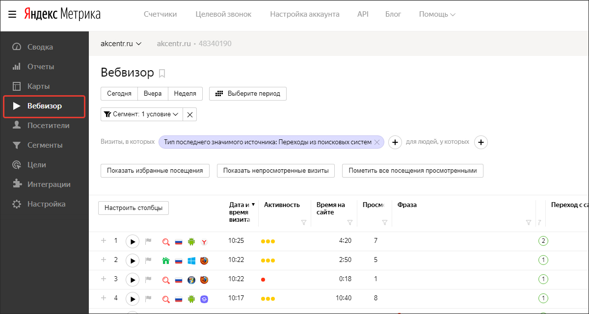 Вкладка «Вебвизор» в Яндекс.Метрике